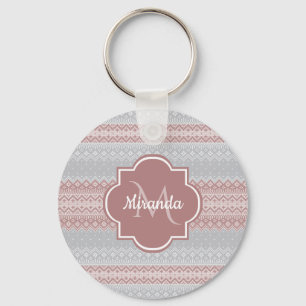 Chic Grau und Dusky Pink Strick Streifen und Monog Schlüsselanhänger