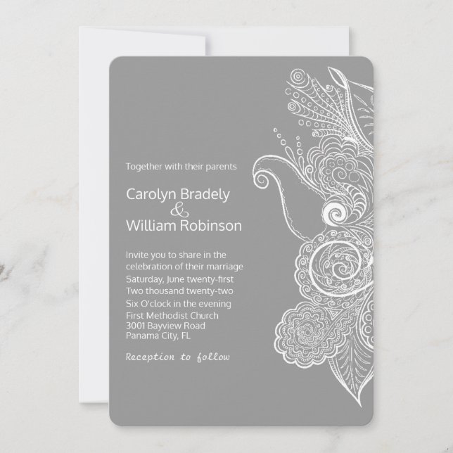 Chic Gray and White Floral Mandala Wedding Einladung (Vorderseite)