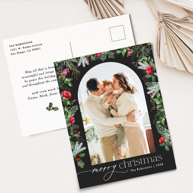 Chic Gray Botanical Arch Weihnachten 1 Foto Urlaub Postkarte (Von Creator hochgeladen)