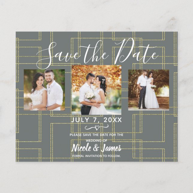 Chic Gray & Gold Geometric Glam Save the Date (Vorderseite)