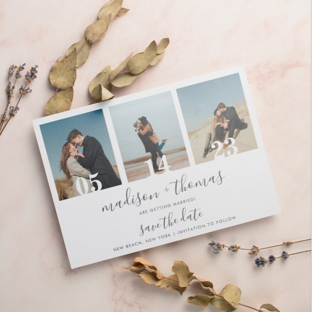 Chic Gray Script 3 Foto Wedding Save the Date Magneteinladung (Von Creator hochgeladen)
