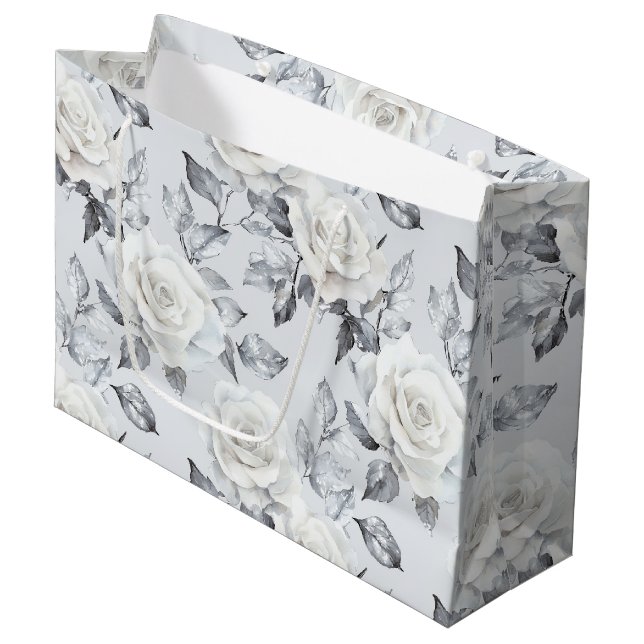 Chic Gray Silver White Floral Wedding Große Geschenktüte (Vorderseite Schrägansicht)