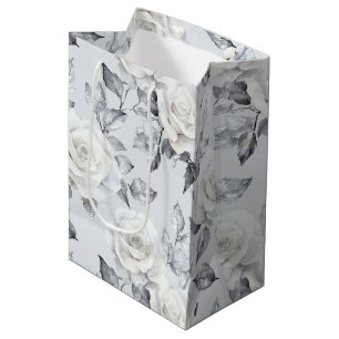 Chic Gray Silver White Floral Wedding Mittlere Geschenktüte