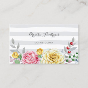 Chic Gray Streifen Rosa und Gelb Rose Blüte Visitenkarte
