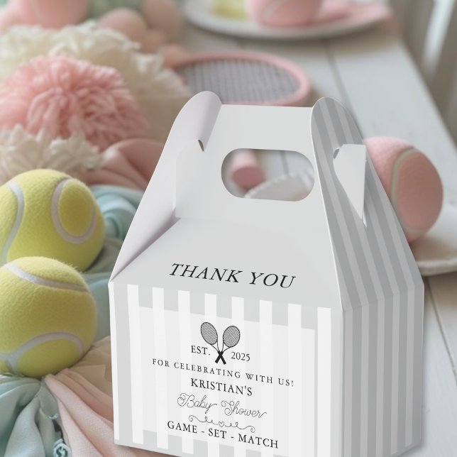Chic Gray Stripes Tennis Babydusche Danke Geschenkschachtel (elegant grey tennis theme stripes baby shower favor box for guest gifts or prizes at chic preppy era)