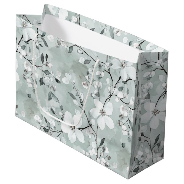 Chic Gray White Blue Floral Brautparty Große Geschenktüte (Vorderseite Schrägansicht)