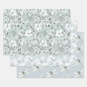 Chic Gray White Blume Dragonflies Brautparty Geschenkpapier Set