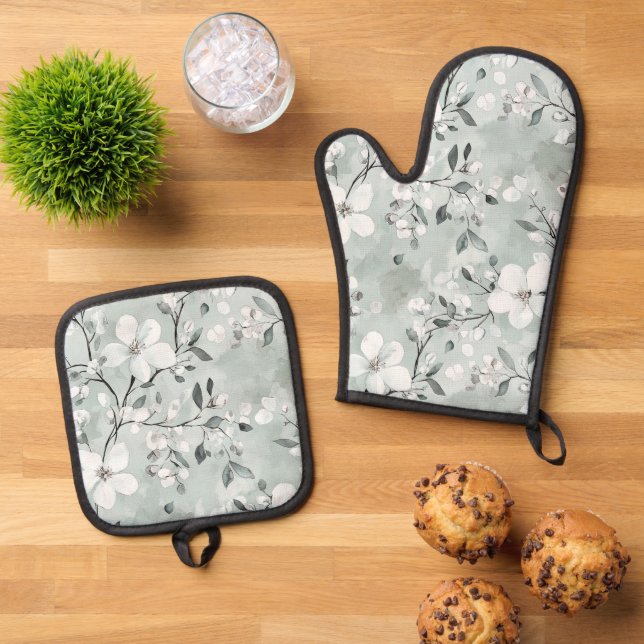 Chic Gray White Blume Ofenhandschuh & Topflappen-Set (Oben Unten)