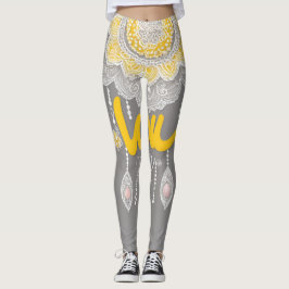 Chic gray & yellow mandala lace fusion AI art  Leggings