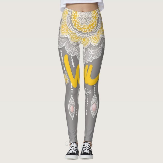 Chic gray & yellow mandala lace fusion AI art  Leggings (Vorderseite)