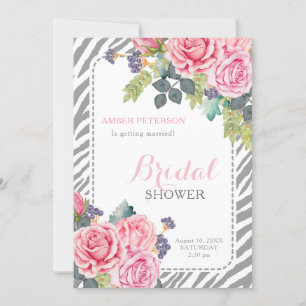 Chic Gray Zebra Print Pink Roses Brautparty Einladung
