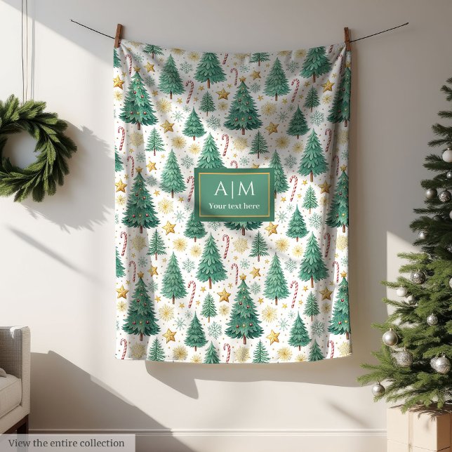 Chic green and gold watercolor Christmas trees Fleecedecke (Chic green and gold watercolor Christmas trees Fleece Blanket)