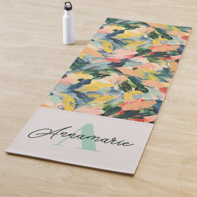 Chic Green and Pink Abstrakt Floral Name Monogram Yogamatte (Beispiel)