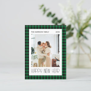 Chic Green Black Gingham Kariertes New Year Foto Postkarte