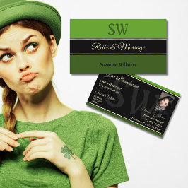 Chic Green Borders on Black mit Monogram Foto Visitenkarte