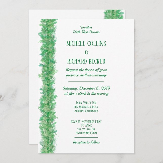 Chic Green Botanical Border Wedding Einladung (Vorne/Hinten)