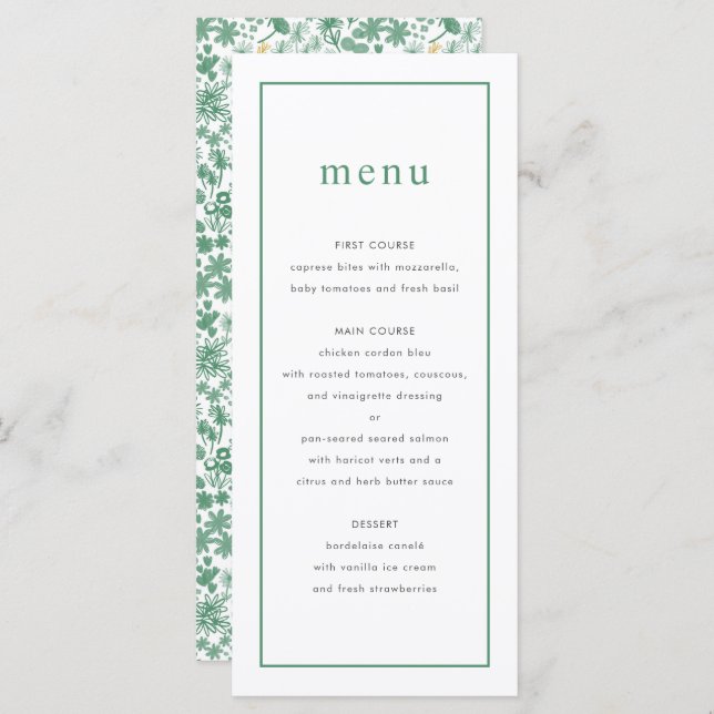 Chic Green Ditzy Floral Wedding Menu Menükarte (Vorne/Hinten)