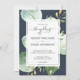 Chic Green Eucalyptus Navy Blue Botanical Wedding Einladung