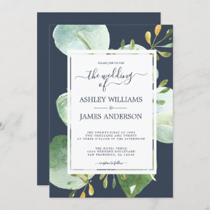 Chic Green Eucalyptus Navy Blue Botanical Wedding Einladung