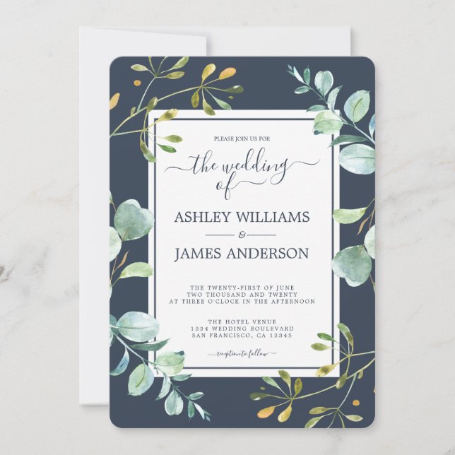 Chic Green Eucalyptus Navy Blue Botanical Wedding Einladung (Vorderseite)