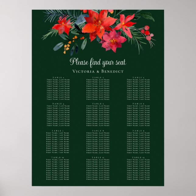 Chic Green Floral Christmas Seating Chart Poster (Vorne)