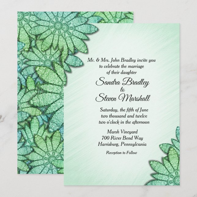 Chic Green Floral Wedding Einladung (Vorne/Hinten)