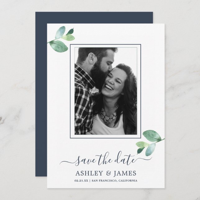 Chic Green Foliage Dark Blue Foto Save the Date Einladung (Vorne/Hinten)