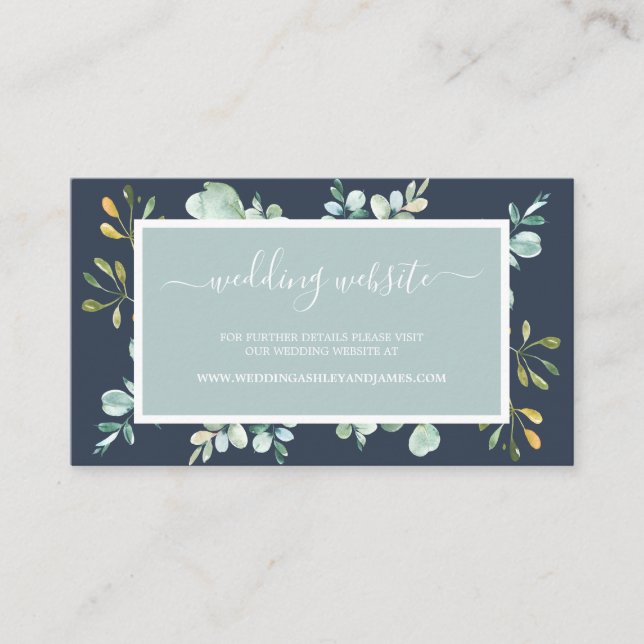 Chic Green Foliage Dark Blue Wedding Website Card Begleitkarte (Vorderseite)