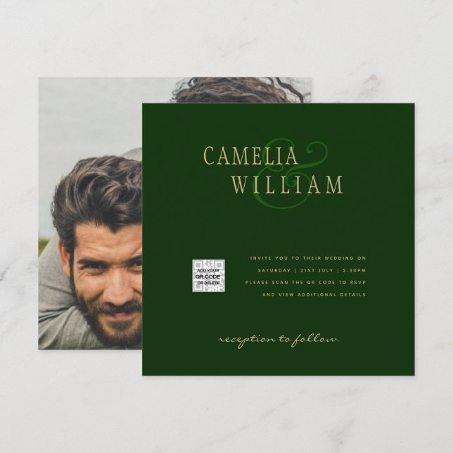 Chic Green Foto Wedding Invite QR Code Rett Datum (Vorne/Hinten)