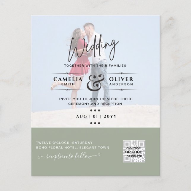 Chic Green Foto Wedding Invite QR Code Rett Datum Flyer (Vorne)