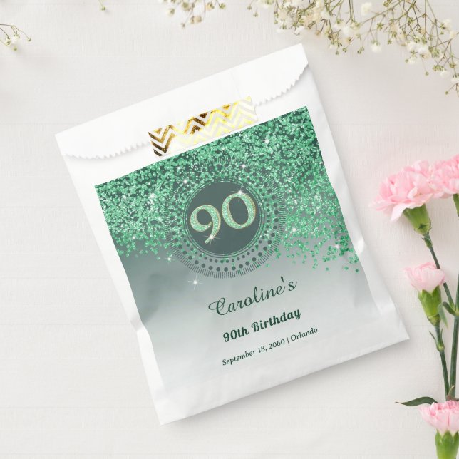 Chic Green Glitzer & Dotted Frame 90. Geburtstag Geschenktütchen (Versiegelt)