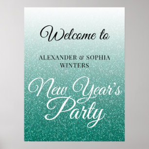 Chic Green Glitzer New Years Party Willkommen Poster
