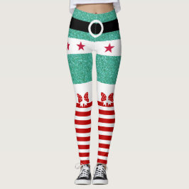 Chic Green Glitzer Red White Stripes Christmas Elf Leggings