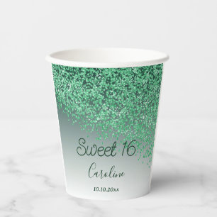 Chic Green Glitzer Sweet 16 Geburtstag Pappbecher
