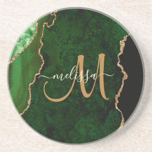 Chic Green Gold Agate Script Custom Monogram Getränkeuntersetzer