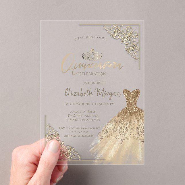 Chic Green Gold Dress Tiara, Diamonds Quinceañera Acryleinladungen (Insitu (Handheld))