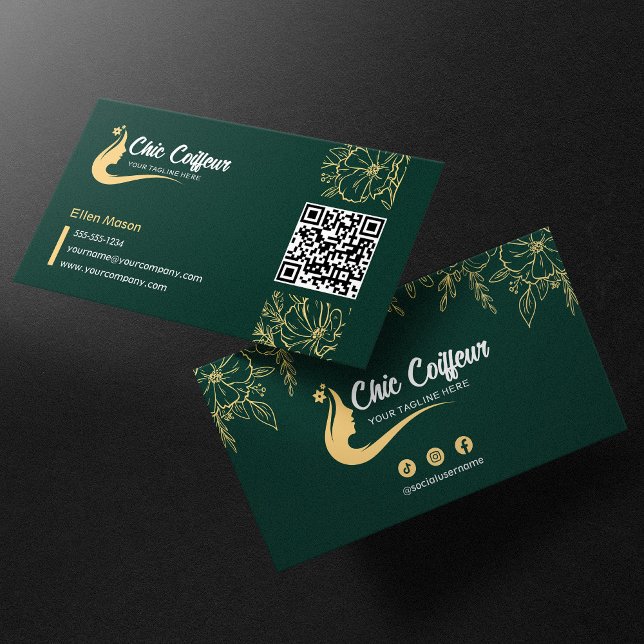 Chic Green Gold Floral Haarstylist Beauty QR Code Visitenkarte (Von Creator hochgeladen)