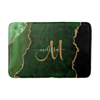 Chic Green Gold Glitzer Agate Custom Monogram Badematte