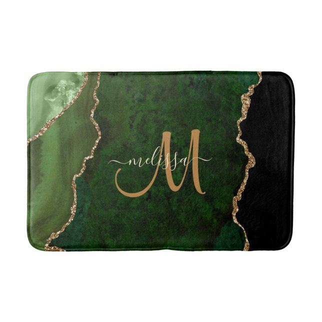 Chic Green Gold Glitzer Agate Custom Monogram Badematte (Vorderseite)