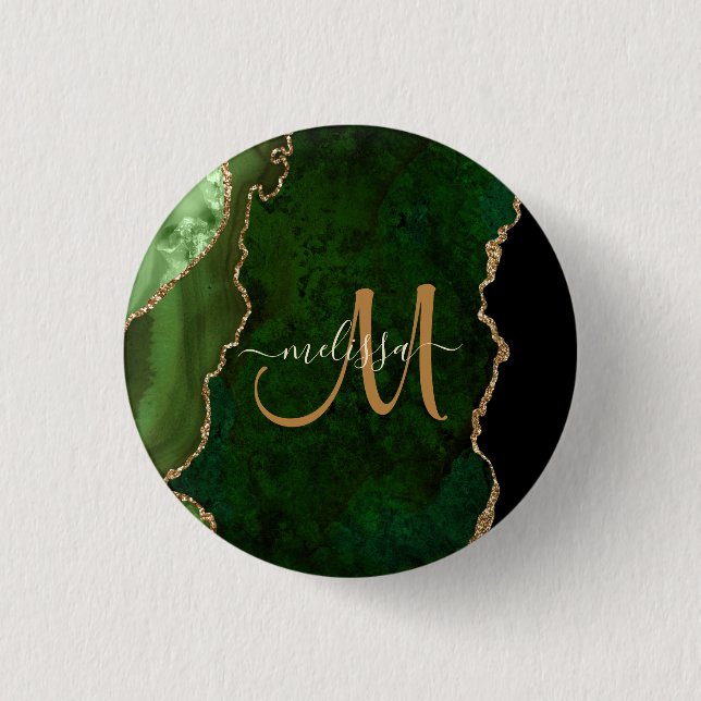 Chic Green Gold Glitzer Agate Custom Monogram Button (Vorderseite)