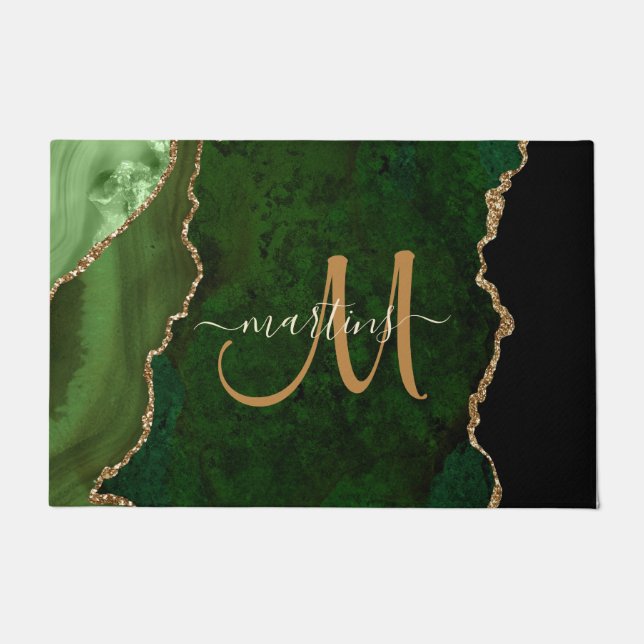 Chic Green Gold Glitzer Agate Custom Monogram Fußmatte (Vorderseite)
