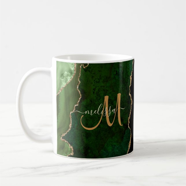 Chic Green Gold Glitzer Agate Custom Monogram Kaffeetasse (Links)