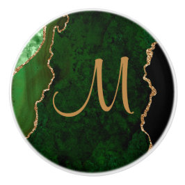 Chic Green Gold Glitzer Agate Custom Monogram Keramikknauf