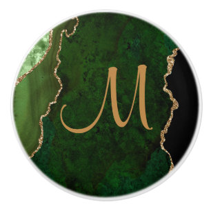Chic Green Gold Glitzer Agate Custom Monogram Keramikknauf
