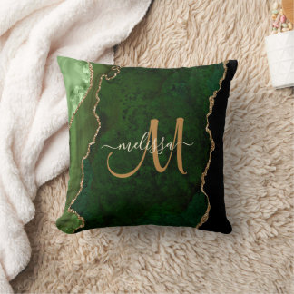 Chic Green Gold Glitzer Agate Custom Monogram Kissen