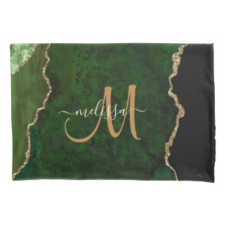 Chic Green Gold Glitzer Agate Custom Monogram Kissenbezug