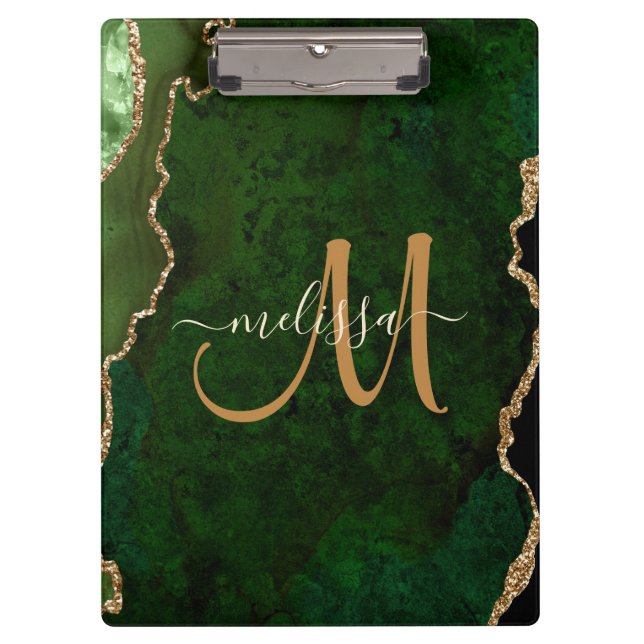Chic Green Gold Glitzer Agate Custom Monogram Klemmbrett (Vorderseite)