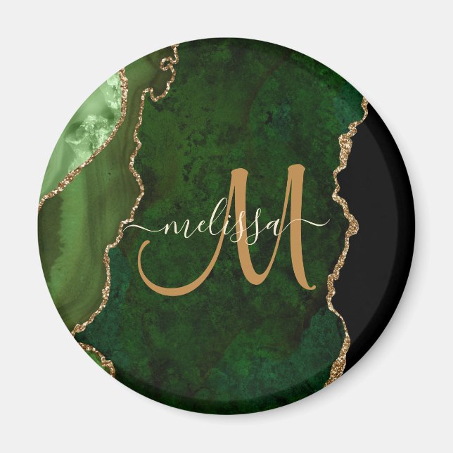 Chic Green Gold Glitzer Agate Custom Monogram Magnet (Vorne)