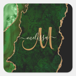 Chic Green Gold Glitzer Agate Custom Monogram Quadratischer Aufkleber