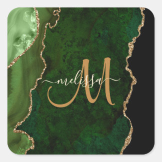 Chic Green Gold Glitzer Agate Custom Monogram Quadratischer Aufkleber